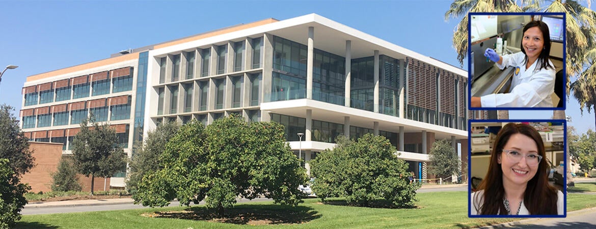 MRB building with Dr. Nair and Dr. Heinrich's photos inset.