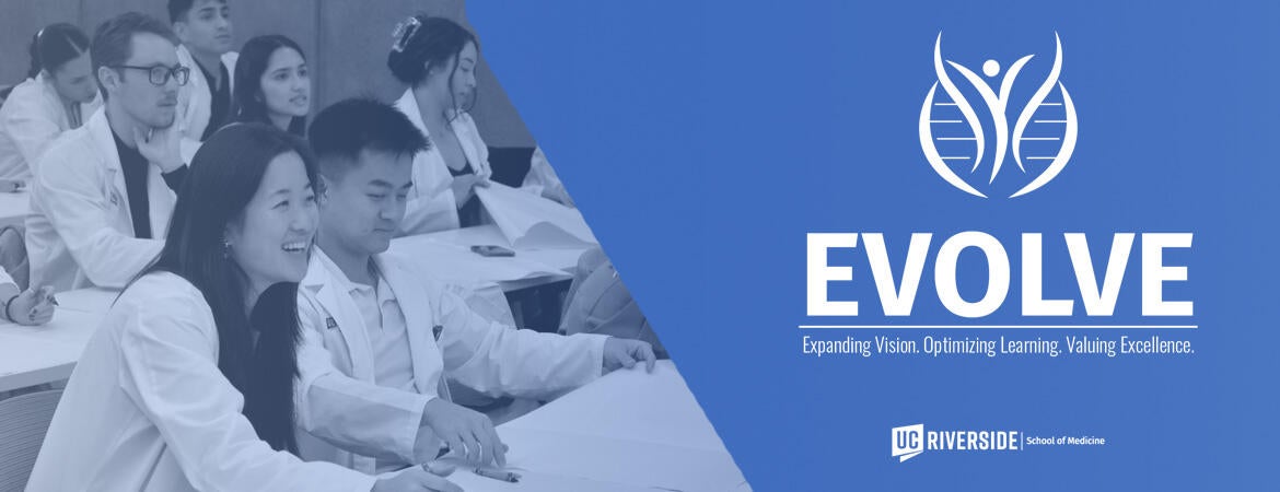 medical students sitting in white coats with the EVOLVE logo superimposed