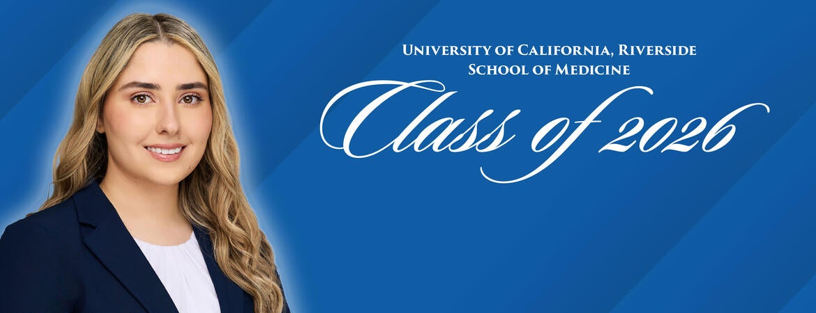 Headshot of Helen Setaghiyan on a blue background next to text reading "Class of 2026"