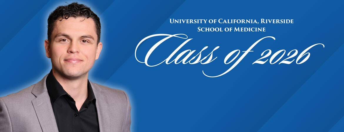 Headshot of Javier Prieto on a blue background next to text reading "Class of 2026"