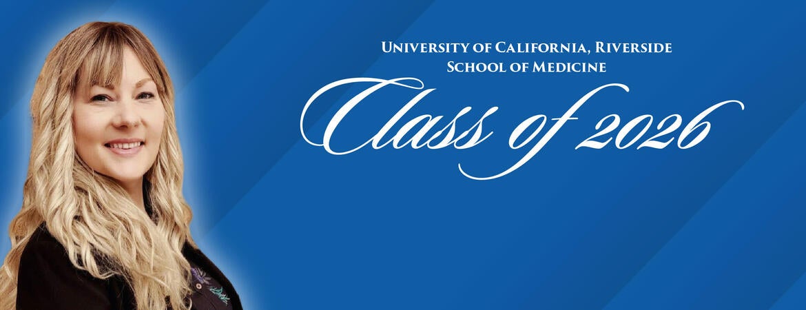 Headshot of Alicia Junker on a blue background next to text reading "Class of 2026"