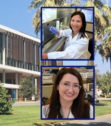 MRB building with Dr. Nair and Dr. Heinrich's photos inset.
