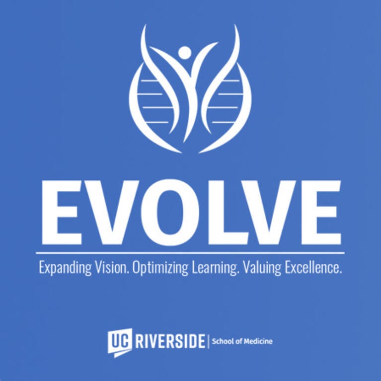 medical students sitting in white coats with the EVOLVE logo superimposed
