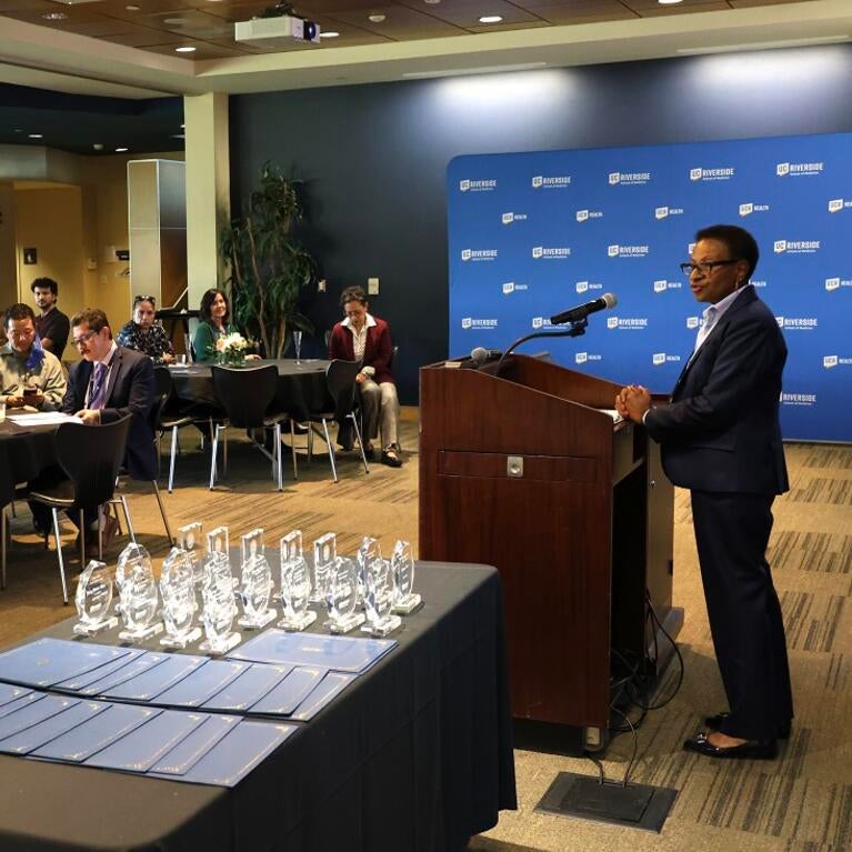 VC and Dean Deborah Deas speaking to attendees at the event